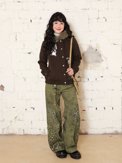 "Kitten Contract" Printed  Warm Fur Collar Hooded Lace Sweatshirt Jacket【s0000014996】