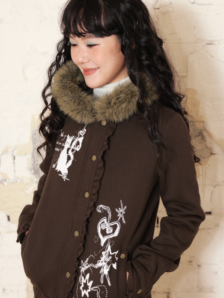 "Kitten Contract" Printed  Warm Fur Collar Hooded Lace Sweatshirt Jacket【s0000014996】