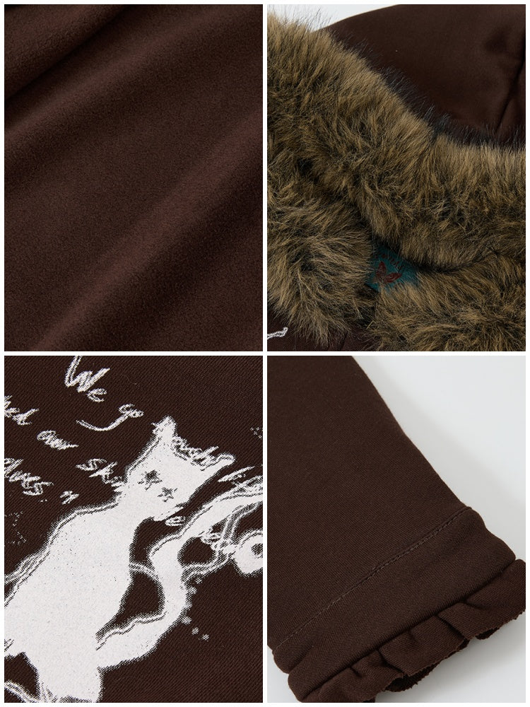 "Kitten Contract" Printed  Warm Fur Collar Hooded Lace Sweatshirt Jacket【s0000014996】