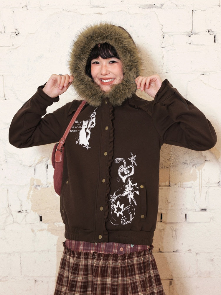 "Kitten Contract" Printed  Warm Fur Collar Hooded Lace Sweatshirt Jacket【s0000014996】