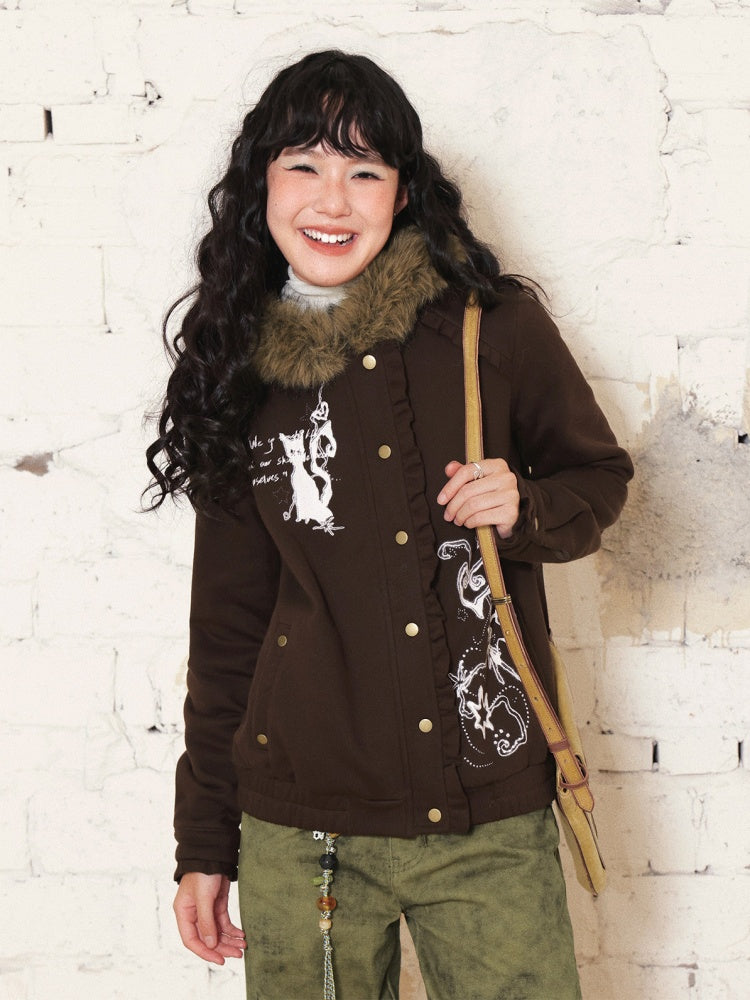 "Kitten Contract" Printed  Warm Fur Collar Hooded Lace Sweatshirt Jacket【s0000014996】
