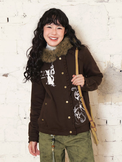"Kitten Contract" Printed  Warm Fur Collar Hooded Lace Sweatshirt Jacket【s0000014996】