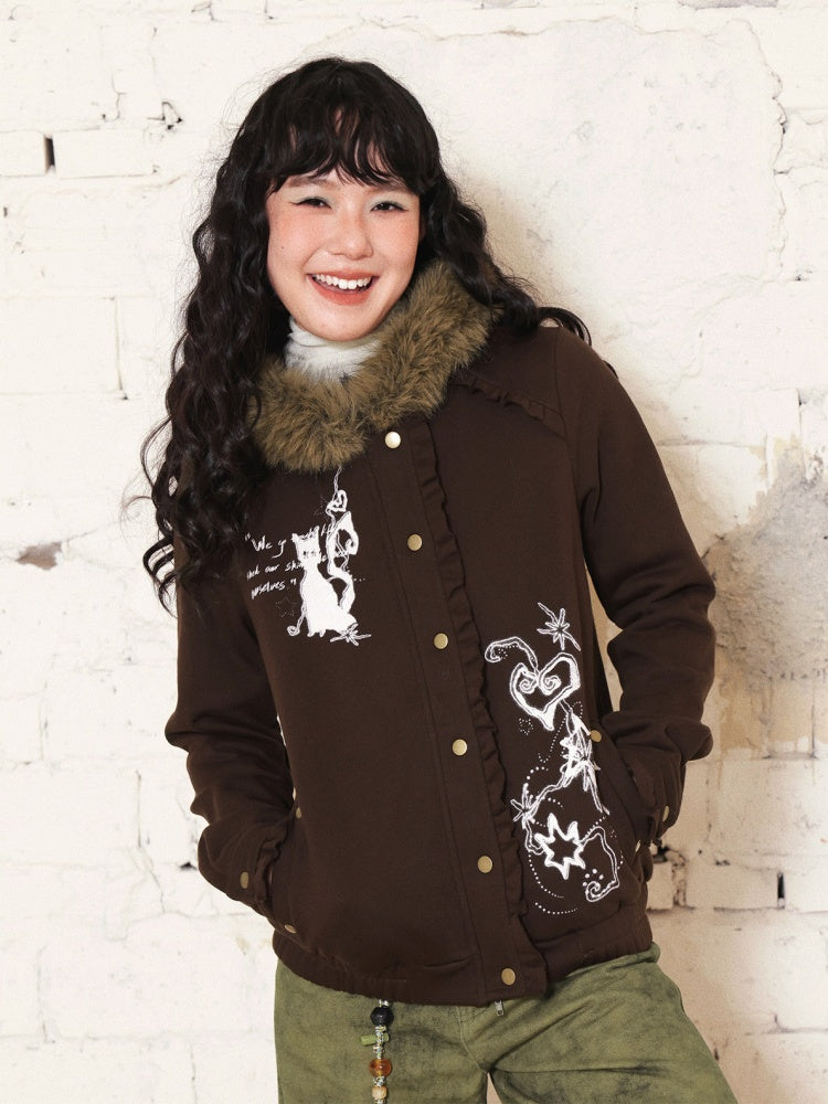 "Kitten Contract" Printed  Warm Fur Collar Hooded Lace Sweatshirt Jacket【s0000014996】