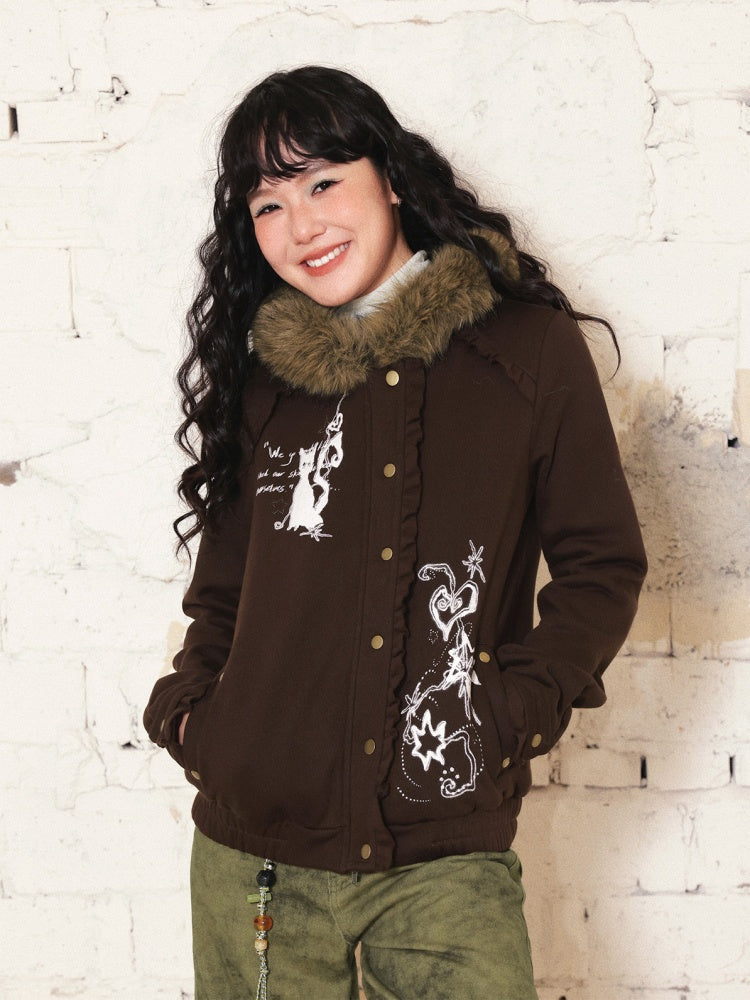 "Kitten Contract" Printed  Warm Fur Collar Hooded Lace Sweatshirt Jacket【s0000014996】
