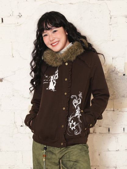 "Kitten Contract" Printed  Warm Fur Collar Hooded Lace Sweatshirt Jacket【s0000014996】