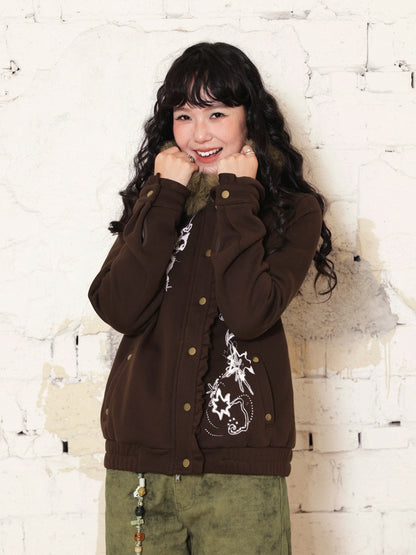 "Kitten Contract" Printed  Warm Fur Collar Hooded Lace Sweatshirt Jacket【s0000014996】