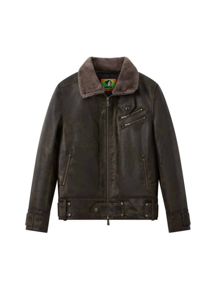 Old Retro Fur Collar Leather Jacket【s0000014997】
