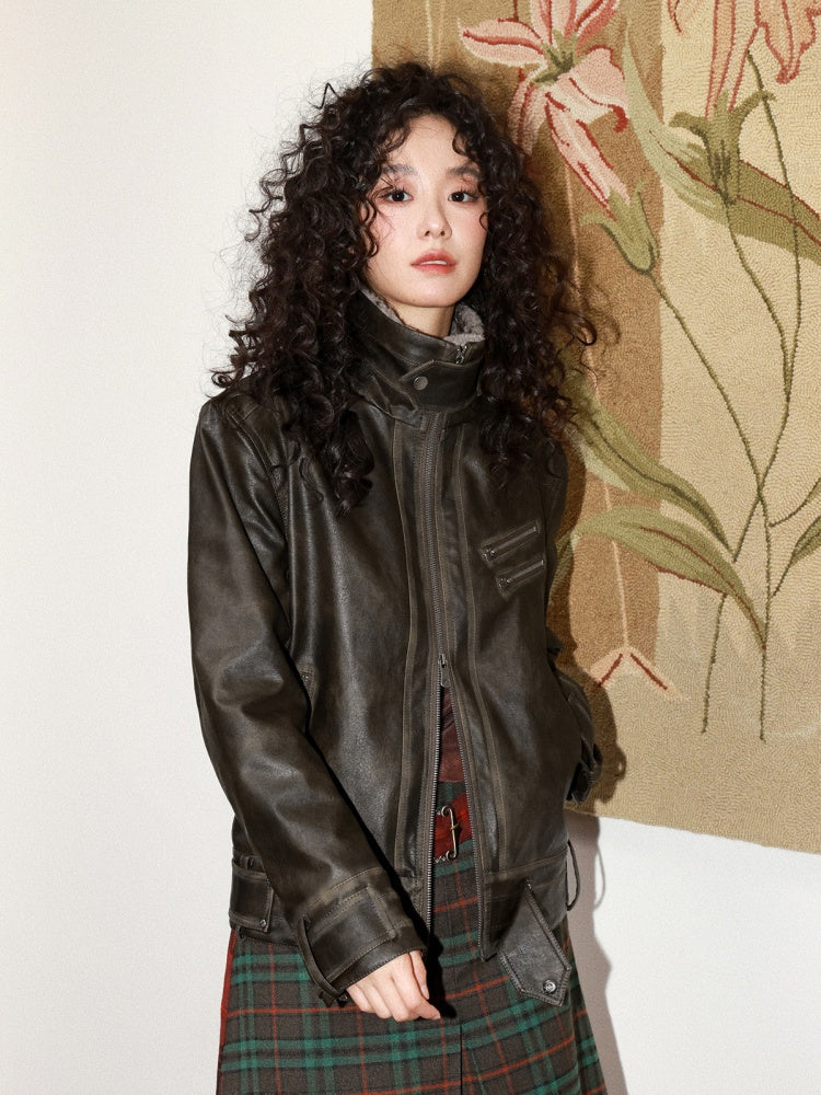 Old Retro Fur Collar Leather Jacket【s0000014997】