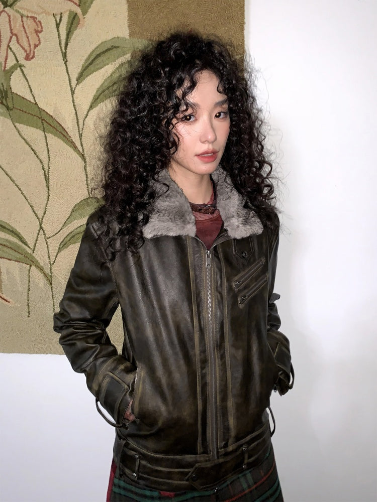 Old Retro Fur Collar Leather Jacket【s0000014997】