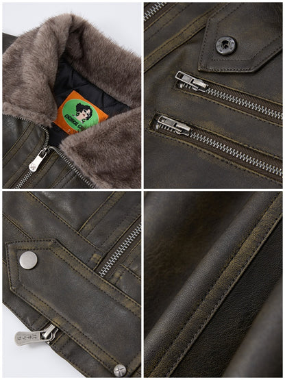 Old Retro Fur Collar Leather Jacket【s0000014997】