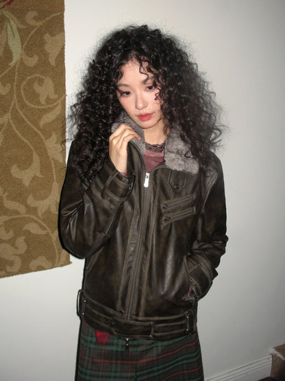 Old Retro Fur Collar Leather Jacket【s0000014997】