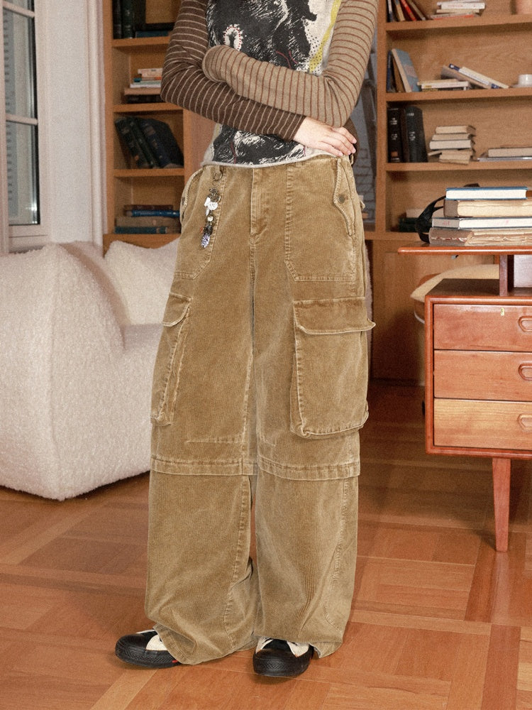 Washed Corduroy Elastic Waist Thick Cargo Straight Wide-Leg Pants【s0000014999】