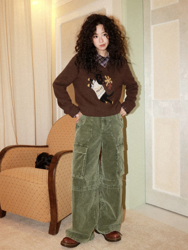 Washed Corduroy Elastic Waist Thick Cargo Straight Wide-Leg Pants【s0000014999】