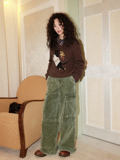 Washed Corduroy Elastic Waist Thick Cargo Straight Wide-Leg Pants【s0000014999】