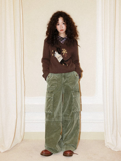 Washed Corduroy Elastic Waist Thick Cargo Straight Wide-Leg Pants【s0000014999】