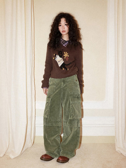 Washed Corduroy Elastic Waist Thick Cargo Straight Wide-Leg Pants【s0000014999】