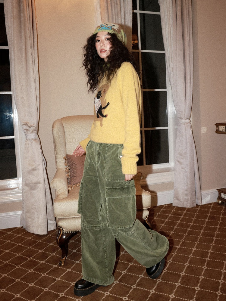 Washed Corduroy Elastic Waist Thick Cargo Straight Wide-Leg Pants【s0000014999】