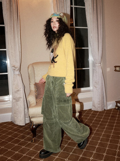 Washed Corduroy Elastic Waist Thick Cargo Straight Wide-Leg Pants【s0000014999】
