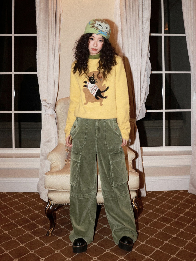 Washed Corduroy Elastic Waist Thick Cargo Straight Wide-Leg Pants【s0000014999】