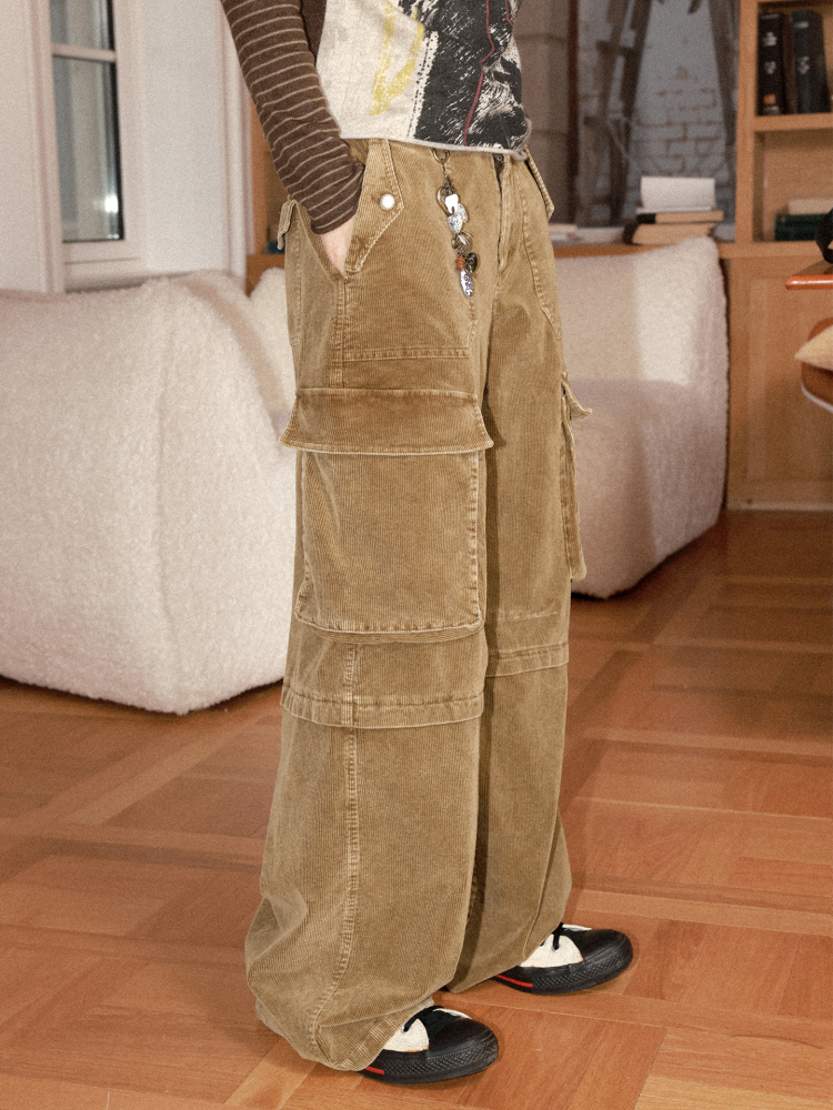 Washed Corduroy Elastic Waist Thick Cargo Straight Wide-Leg Pants【s0000014999】