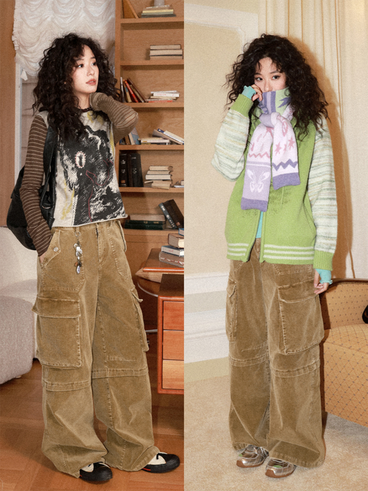 Washed Corduroy Elastic Waist Thick Cargo Straight Wide-Leg Pants【s0000014999】