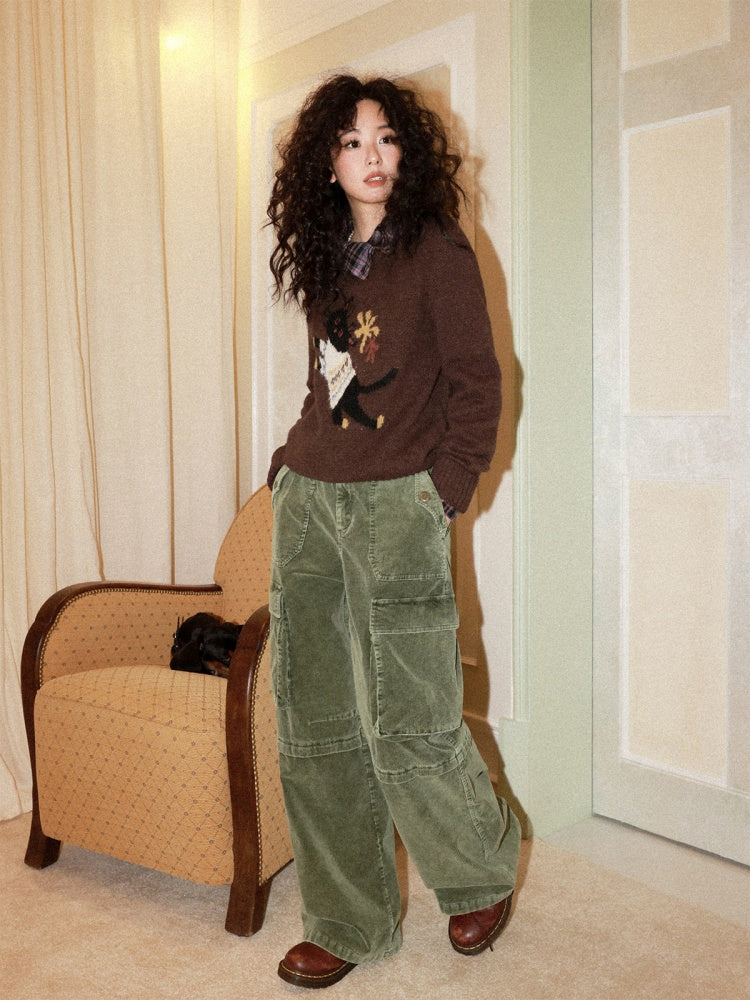 Washed Corduroy Elastic Waist Thick Cargo Straight Wide-Leg Pants【s0000014999】