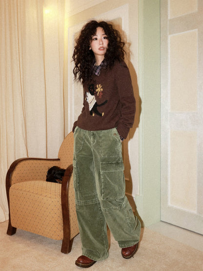 Washed Corduroy Elastic Waist Thick Cargo Straight Wide-Leg Pants【s0000014999】
