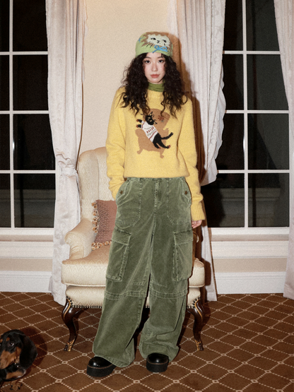 Washed Corduroy Elastic Waist Thick Cargo Straight Wide-Leg Pants【s0000014999】