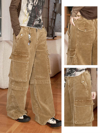 Washed Corduroy Elastic Waist Thick Cargo Straight Wide-Leg Pants【s0000014999】
