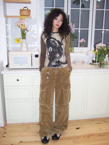Washed Corduroy Elastic Waist Thick Cargo Straight Wide-Leg Pants【s0000014999】