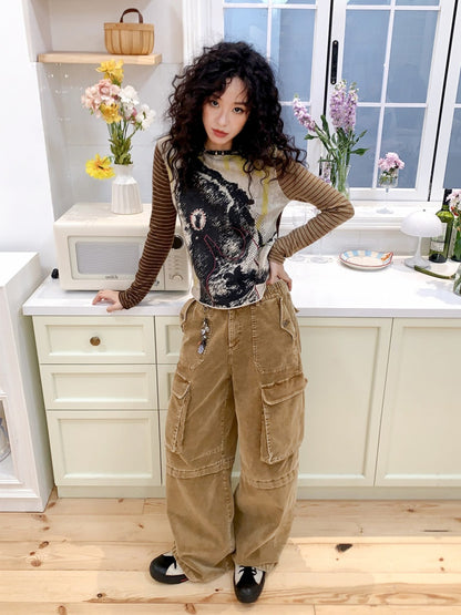 Washed Corduroy Elastic Waist Thick Cargo Straight Wide-Leg Pants【s0000014999】