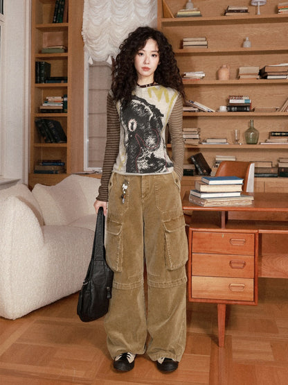 Washed Corduroy Elastic Waist Thick Cargo Straight Wide-Leg Pants【s0000014999】