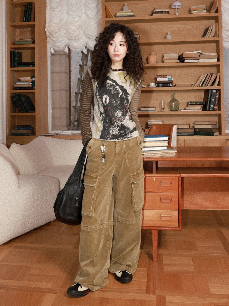 Washed Corduroy Elastic Waist Thick Cargo Straight Wide-Leg Pants【s0000014999】