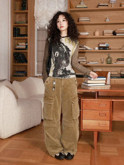 Washed Corduroy Elastic Waist Thick Cargo Straight Wide-Leg Pants【s0000014999】