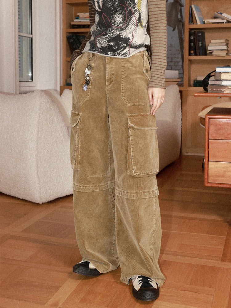 Washed Corduroy Elastic Waist Thick Cargo Straight Wide-Leg Pants【s0000014999】