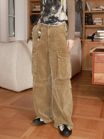 Washed Corduroy Elastic Waist Thick Cargo Straight Wide-Leg Pants【s0000014999】
