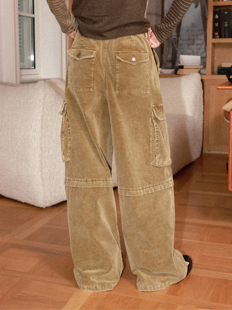 Washed Corduroy Elastic Waist Thick Cargo Straight Wide-Leg Pants【s0000014999】