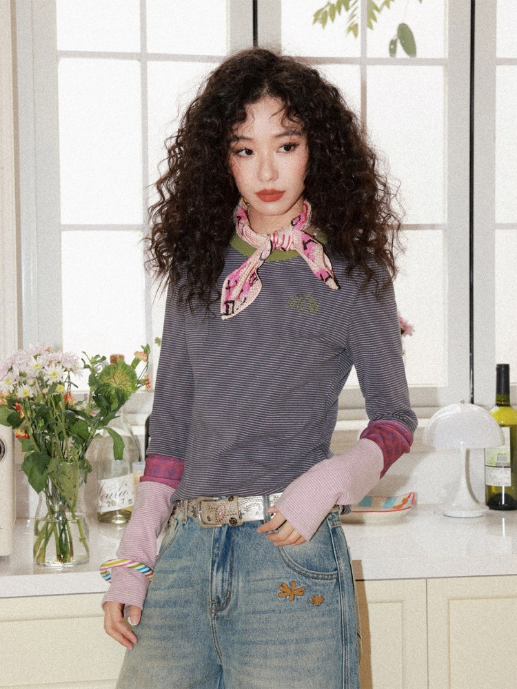 Striped Contrast Splicing Slim Long-Sleeved T-Shirt【s0000015000】