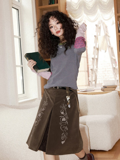 Striped Contrast Splicing Slim Long-Sleeved T-Shirt【s0000015000】