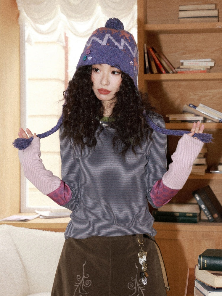 Striped Contrast Splicing Slim Long-Sleeved T-Shirt【s0000015000】