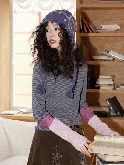 Striped Contrast Splicing Slim Long-Sleeved T-Shirt【s0000015000】