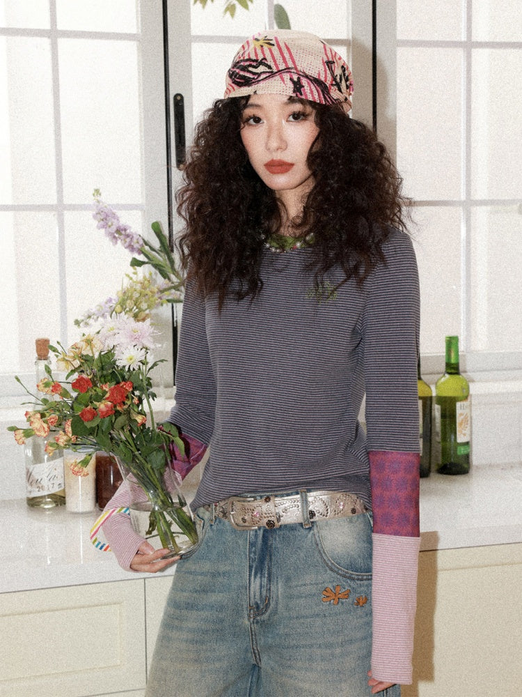 Striped Contrast Splicing Slim Long-Sleeved T-Shirt【s0000015000】