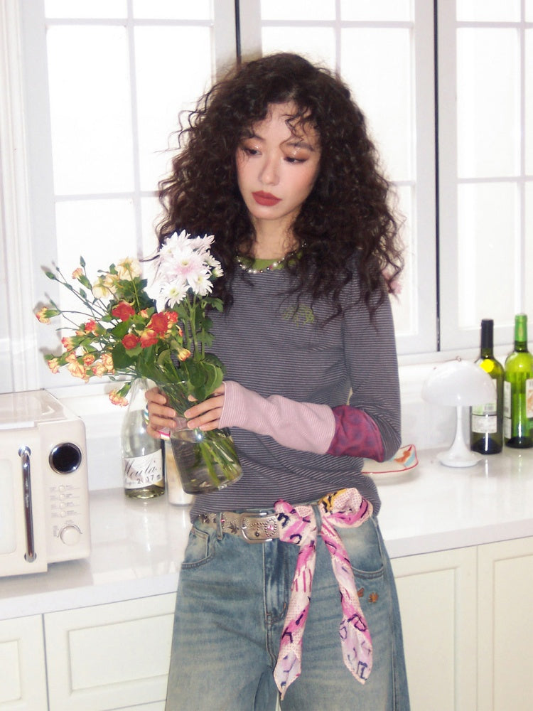 Striped Contrast Splicing Slim Long-Sleeved T-Shirt【s0000015000】