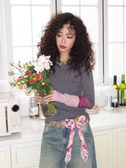 Striped Contrast Splicing Slim Long-Sleeved T-Shirt【s0000015000】
