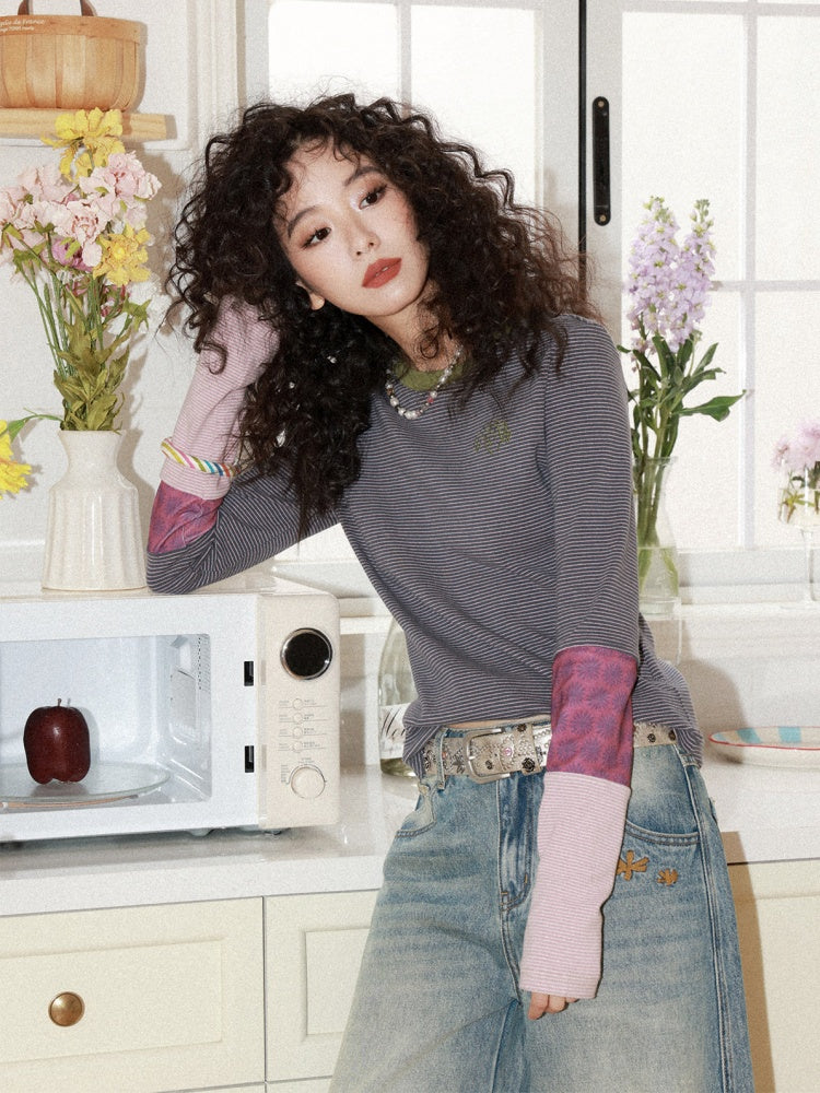 Striped Contrast Splicing Slim Long-Sleeved T-Shirt【s0000015000】