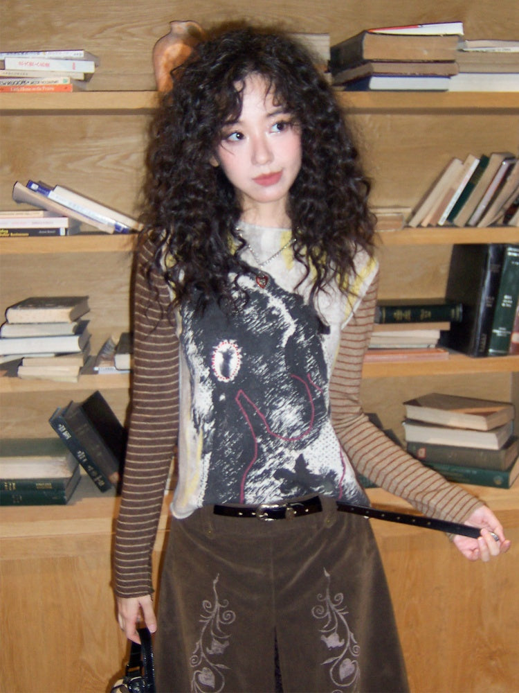 Retro Wool Knitted With A Priming Print Long-Sleeved T-Shirt【s0000015002】