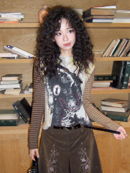 Retro Wool Knitted With A Priming Print Long-Sleeved T-Shirt【s0000015002】
