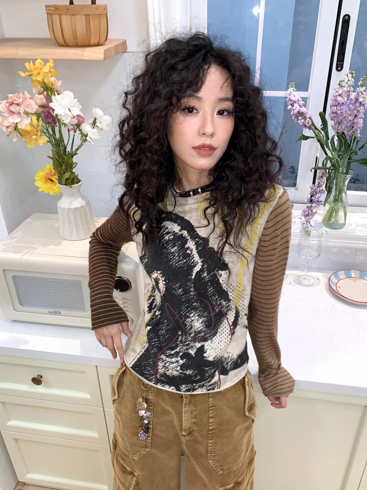 Retro Wool Knitted With A Priming Print Long-Sleeved T-Shirt【s0000015002】