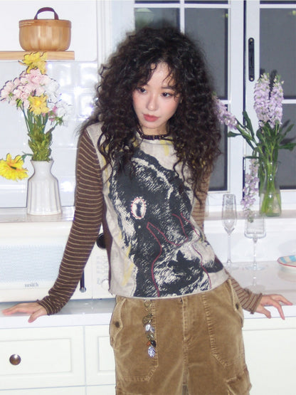 Retro Wool Knitted With A Priming Print Long-Sleeved T-Shirt【s0000015002】