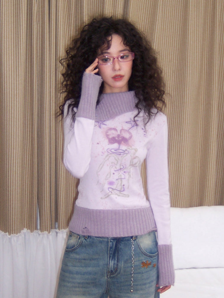 "One Tree Flower Blooming" Print Irregular Lapel Pullover Sweater【s0000015004】